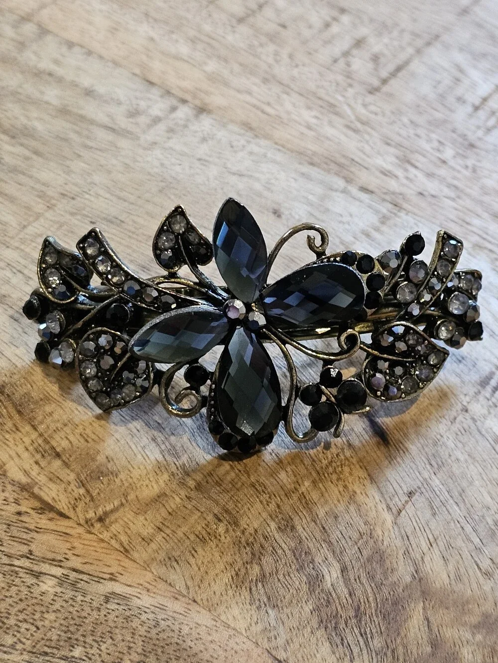NWOT Antiqued Bronze Black & Gunmetal Crystal Butterfly Hair Clip/Barrette
